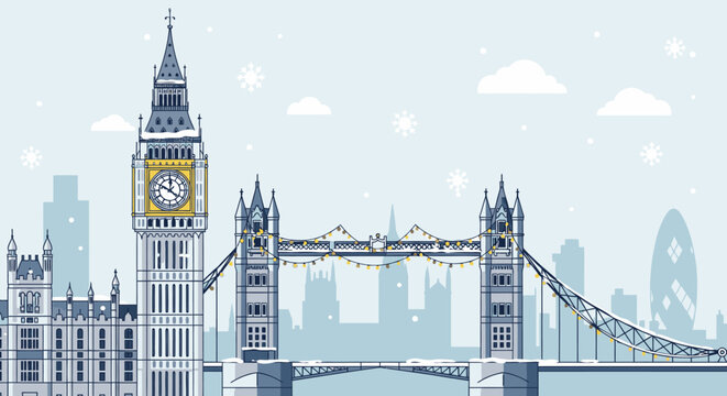 Winter scene of London featuring Big Ben, Tower Bridge, and cityscape with snowflakes.