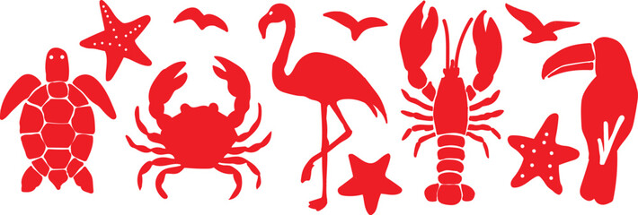 Collection of red tropical marine and avian silhouettes on white background