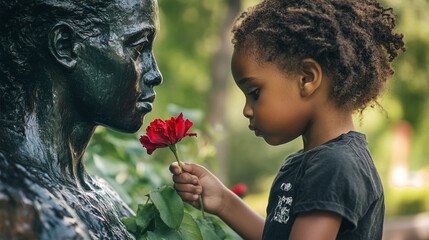 A child placing a flower at the base of a historical statue of a former enslaved person, commemorating their struggle for freedom and equality, showing a young generation’s respect