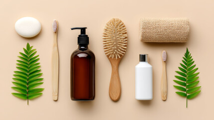 Eco friendly products flat lay bamboo toothbrush wooden hairbrush soap reusable bottle natural sponge green leaf sustainable minimal style