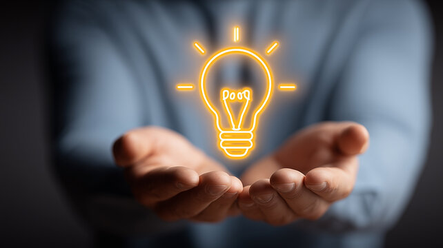 Open hands presenting a bulb icon that symbolizes a new idea, support, and practical innovation.