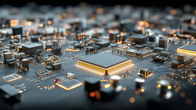 Close view of a microchip on a dense circuit board, illustrating digital infrastructure, processing power, and modern electronics.
