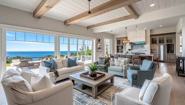 Luxurious living room with ocean view and open kitchen with modern coastal home.
