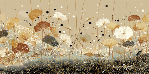 Padr&atilde;o de flor de l&oacute;tus delicada com cores quentes e elementos abstratos em vetor vetorial