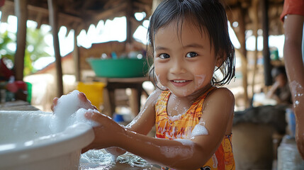 A child washing their hands with soap under the supervision of a caregiver, promoting hygiene practices to prevent the spread of infectious diseases in schools and communities.