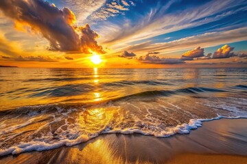 Golden Hour Seascape  Ocean Waves Gently Kissing a Sandy Shore at Sunset