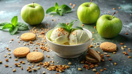 Refreshing Green Apple Ice Cream with Crunchy Granola and Biscuits