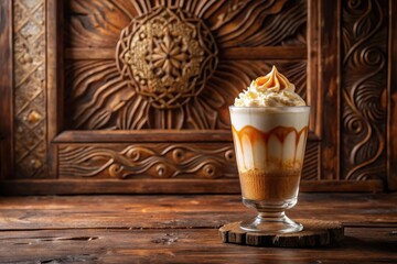 A decadent caramel and cream dessert drink served in a stemmed glass, resting on a rustic wooden coaster, with a rich, intricately carved wooden backdrop