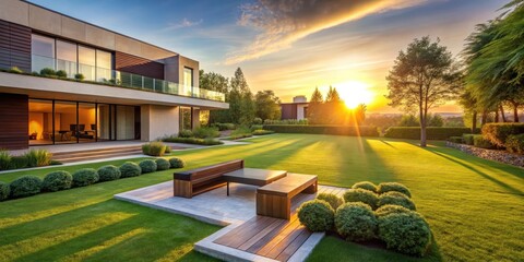 Sunset Serene Modern Architectural Residence with Expansive Lawn and Luxurious Outdoor Seating Area