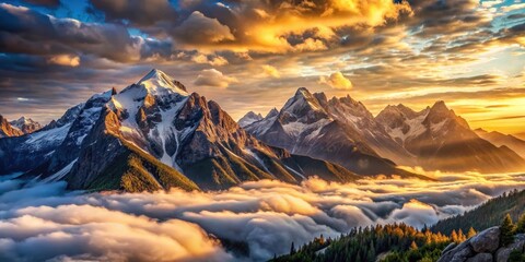 Majestic Mountain Peaks Bathed in Golden Sunset Light, Above a Sea of Clouds