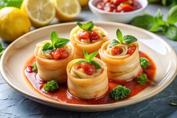Delicious pasta rolls in tomato sauce, garnished with fresh basil, served on an elegant plate