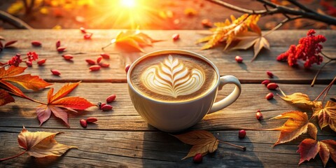 Autumnal Latte Art A Warm Cup of Coffee with Fall Leaves and Berries on Rustic Wood