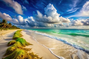 Serene Coastal Scene Palm Trees, White Sand Beach, Turquoise Ocean, and Dramatic Cloudscape
