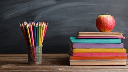 Stack of Books with Apple and Multicolored Pencils on Wooden Desk in Front of a Chalkboard in Classroom Setting for Back to School Learning Theme