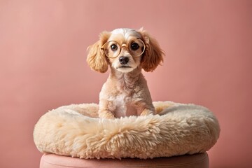 A fluffy canine companion, wearing spectacles, comfortably nestled in a plush, round pet bed against a muted pink backdrop.