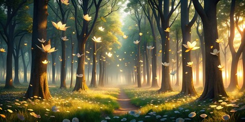 Enchanted Forest Path Sunlight Illuminates a Mystical Woodland Trail, Adorned with Glowing Petals Floating Amongst Tall Trees