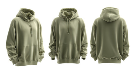 Olive green hoodie mockup shown from three angles with soft fabric folds and realistic texture