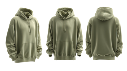 Olive green hoodie mockup shown from three angles with soft fabric folds and realistic texture
