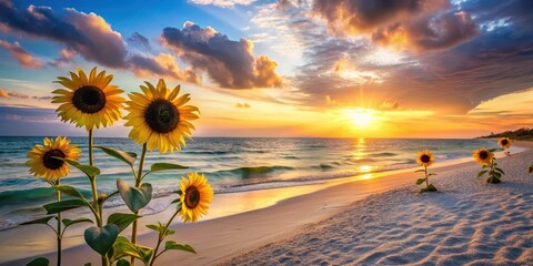 Golden Hour Sunflowers on a Sandy Shore, Vibrant Sunset Over Calm Ocean Waves
