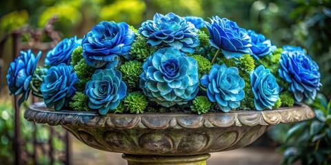A serene arrangement of vibrant blue blossoms nestled within an antique stone birdbath, creating a captivating display of nature's artistry.