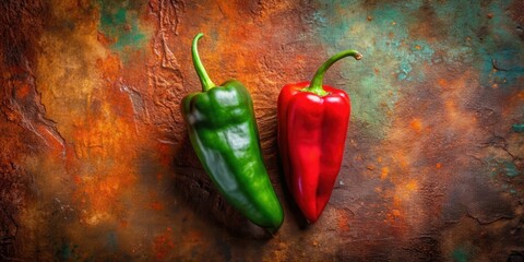 Vibrant Green and Red Peppers Resting on a Textured Surface with Rich Hues