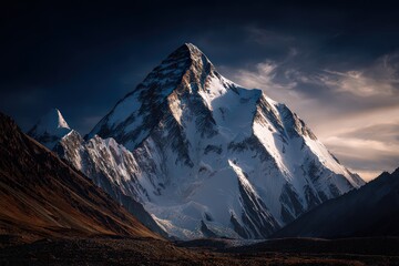 Snow Capped Mountain Peak Under Dark Cloudy Sky Dramatic Lighting and Detailed Rock Texture with Autumnal Valley in Foreground