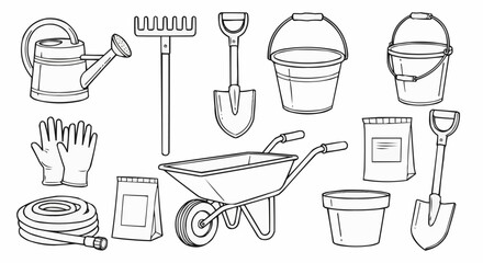 Gardening Tools Collection - Watering Can, Rake, Shovels, Buckets, Gloves, Wheelbarrow, and More.