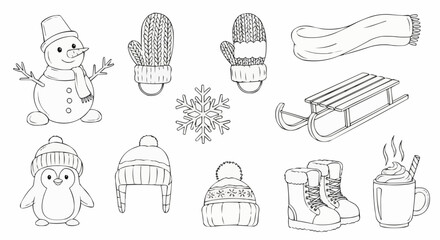 Hand drawn collection of cute winter season doodle elements.