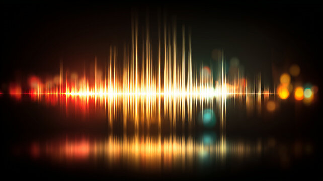 Audio spectrum cityscape reflected across a horizontal line, representing sound analytics, media production, and the pulse of digital communication.
