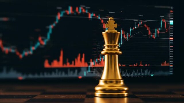 Golden chess king in foreground on a checkered board, set against a luminous stock-chart backdrop.!!