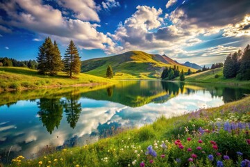 Serene mountain lake reflecting a vibrant sunset sky, surrounded by lush green hills and wildflowers