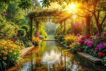 Serene Garden Pond at Golden Hour with Blooming Flowers and Wooden Arbor