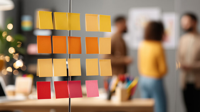 Sticky notes on glass with a team in conversation, representing agile workflow, sprint planning, and collaborative strategy for product delivery.
