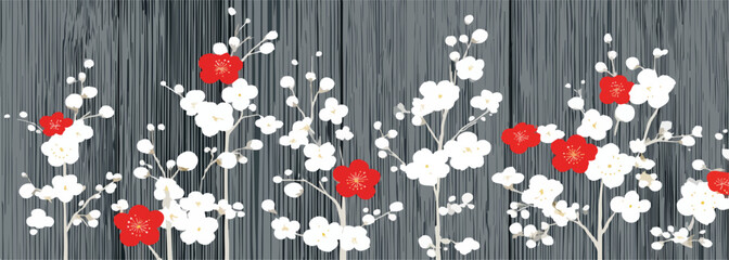 Vetor de flores de cerejeira brancas e vermelhas em um fundo de madeira cinza texturizado.