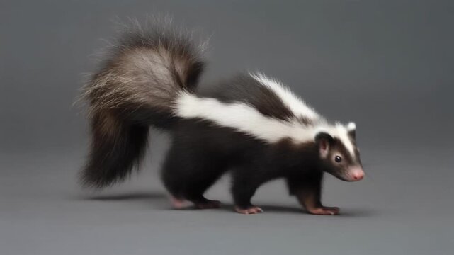 A black and white striped skunk with a bushy tail walking on a plain grey background in a studio setting.
