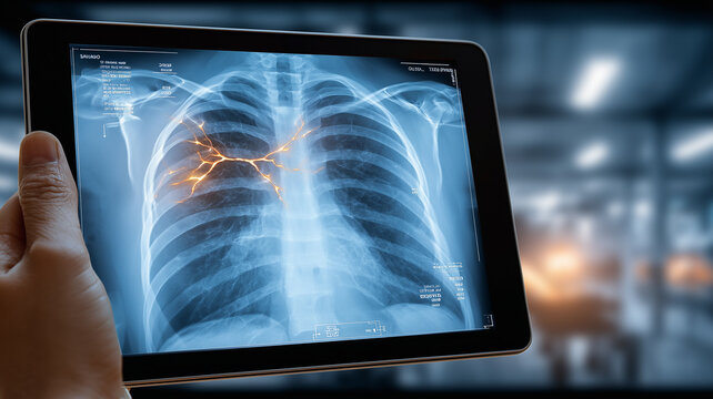 Hand holding tablet with chest radiograph showing pulmonary damage, conveying remote diagnostics, radiology workflow, and digital health monitoring.
