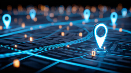 Digital map with connected location pins, illustrating smart city navigation, real time tracking, and operational intelligence.
