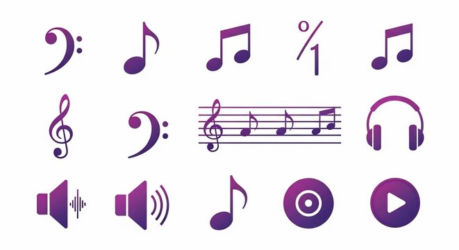 A collection of purple gradient music symbols and icons including notes, clefs, staff, headphones, speakers, and play buttons on a white background.