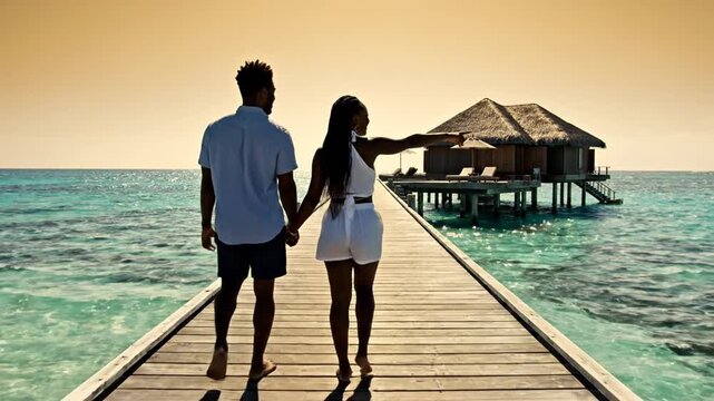 Couple holding hands walks on a wooden jetty towards a luxury overwater bungalow