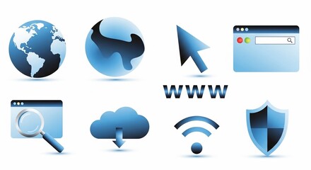 A collection of blue glossy icons representing internet, web, cloud, and network technology concepts on a white background.