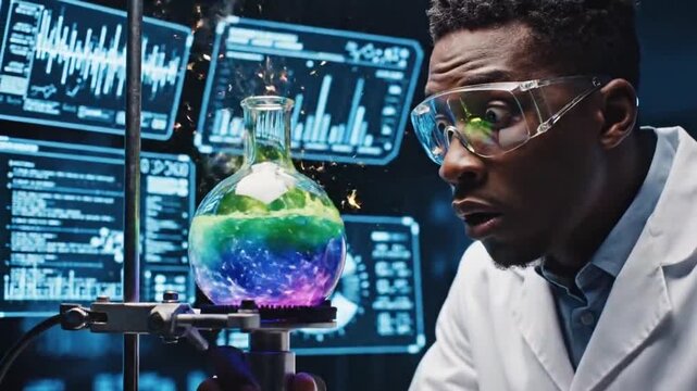 African American scientist witnesses dramatic chemical reaction explosion in high tech laboratory.