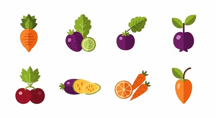 Fototapeta premium A collection of colorful flat design icons depicting various fruits and vegetables like carrots, plums, cherries, oranges, and eggplants.