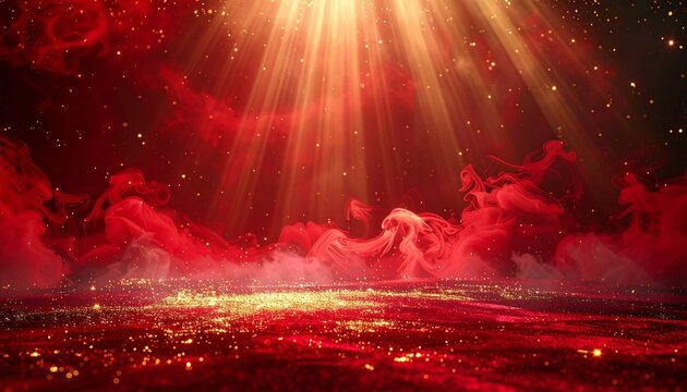 Vibrant Red Nebula with Glowing Light Beams and Cosmic Dust Clouds - Abstract Space Background