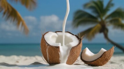 Coconut milk pouring into a fresh cracked coconut on a tropical beach with palm trees and ocean. - Powered by Adobe