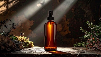 Spray bottle spotlighted, herbal setting, earthy tones