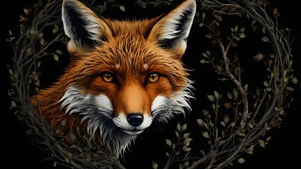 Obraz premium Realistic Fox Head Portrait Surrounded by Branches and Leaves in Dark Background