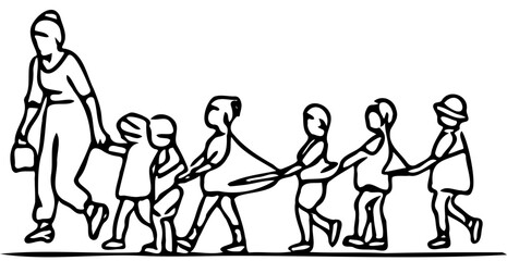 Lline drawing of a teacher walking with her students