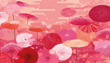 Um mar de guarda-chuvas japoneses em tons de rosa, criando uma atmosfera delicada e festiva com p&eacute;talas caindo.