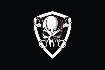 Skull with cross wrench motorbike vector image logo badge template