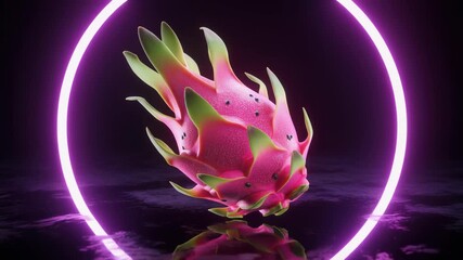 Vibrant pink dragon fruit illuminated by a glowing neon ring against a dark, reflective background. - Powered by Adobe